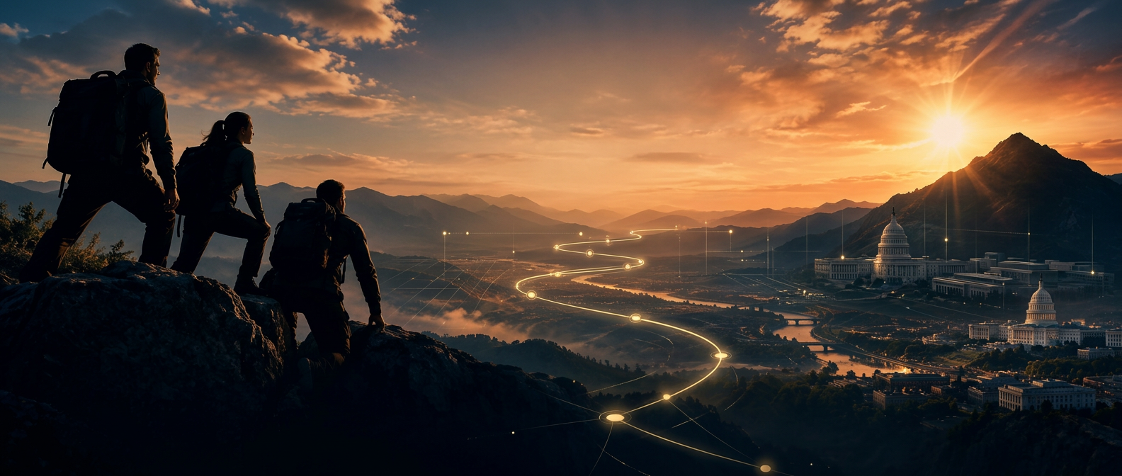 A proposal team overlooking an illuminated path from opportunity discovery to a government submission destination