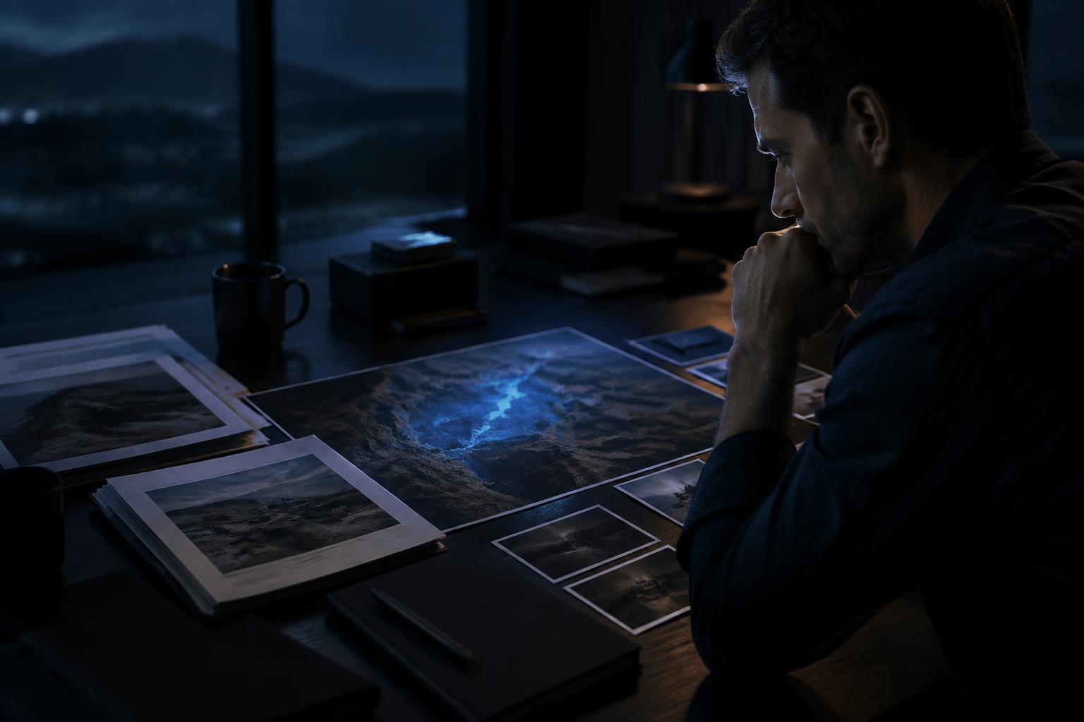 An analyst reviewing documents and a market landscape