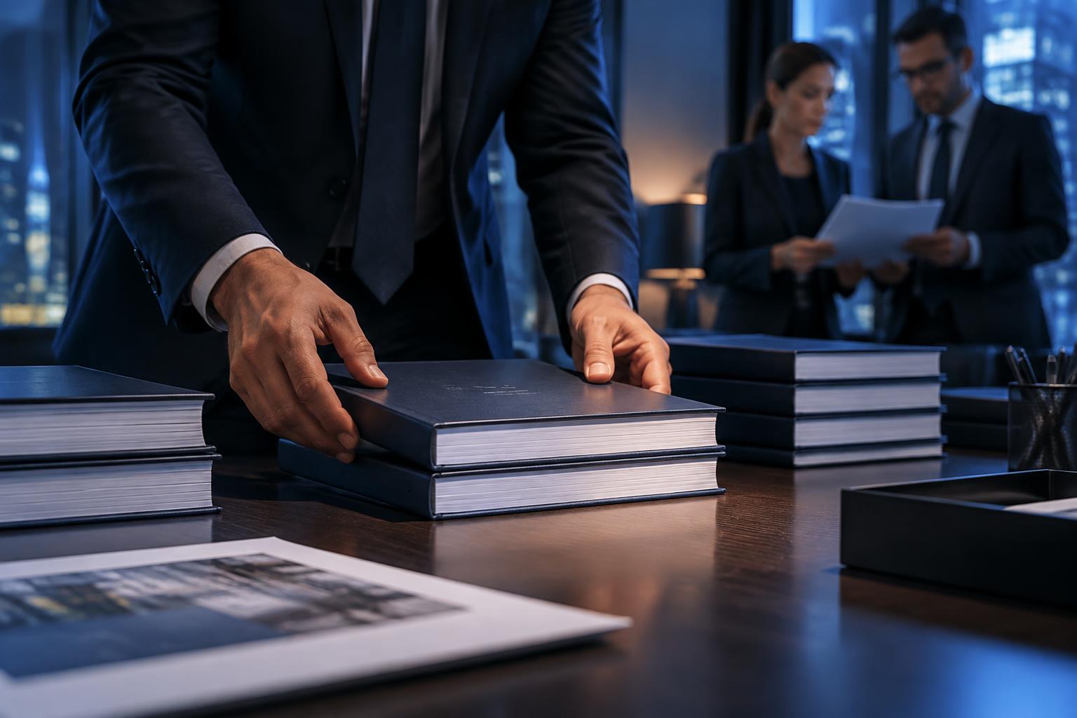 A professional assembling bound proposal volumes